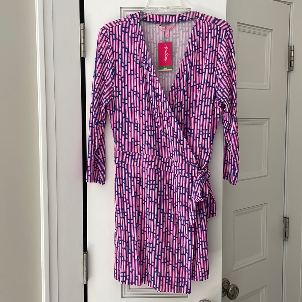 Lilly Pulitzer Karlie Wrap Romper-Mandevilla Pink Slathouse Stripe NWT - Picture 3 of 6